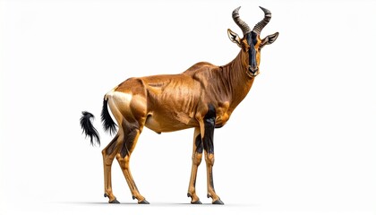 African Hartebeest: A stately African Hartebeest stands in sharp focus, its majestic horns and rich coat gleaming, portraying the splendor of African wildlife against a backdrop of neutral hue.