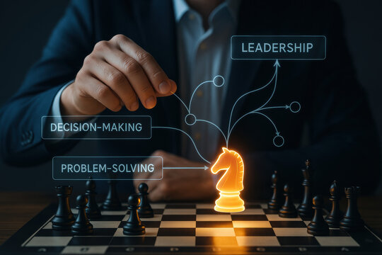 Decision and problem combined with leadership and strategy inspire solution success challenge and control