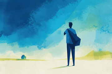 Obraz premium The prodigal son leaves his home to start a journey. A biblical parable about choice and rebellion. Modern, textured illustration with copy space.