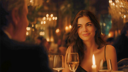 A woman in a beautiful and luxurious restaurant setting, having dinner with her partner.
