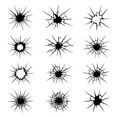Collection of bullet hole and shattered glass symbols in bold black silhouette graphic style, Transparent Background