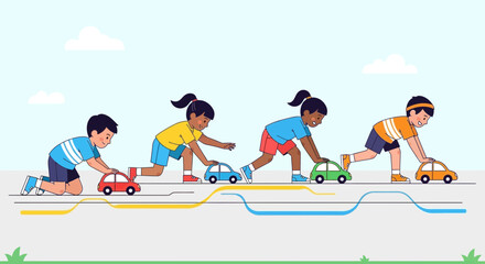 Children Play Racing Cars, Exciting Activity Depicting Drive, Competition, and Childhood Fun