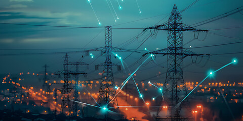 Power grid with glowing data streams at dusk cityscape