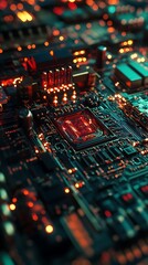 Obraz premium Detailed view of a futuristic computer motherboard with glowing orange and teal lights photo