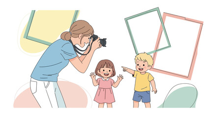 Children Posing While Being Photographed By A Woman Holding A Camera In A Studio
