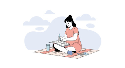 Creative Person Sketching Outdoors On A Picnic Blanket With Coffee And Art Supplies