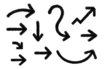 Hand drawn arrow doodle set with spiral, curved, zigzag and directional symbols in bold black silhouette, Transparent Background