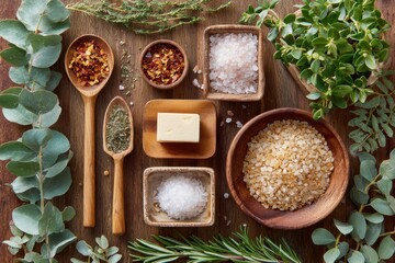 Fresh Herbs and Seasoning Collection with Butter and Sea Salts on Wooden Table for Culinary and Cooking Inspiration and Food Presentation