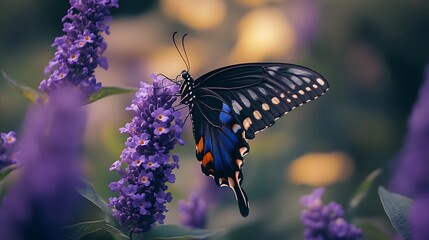 Dark butterfly with blue and orange accents on a purple flower cluster insect macro photo