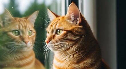 Ginger Cat Looking at Reflection.