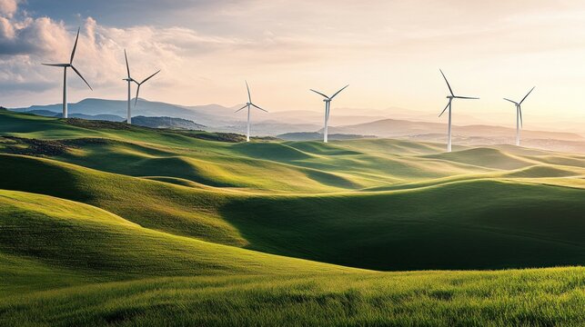Rolling hills with wind turbines at sunset