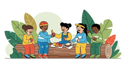 Children Sharing Healthy Foods And Having Fun Time Together At The Park