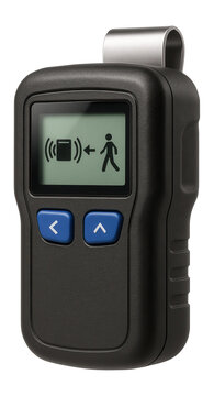 Portable RFID tag reader with a belt clip and LCD display for operator tracking in a construction site.