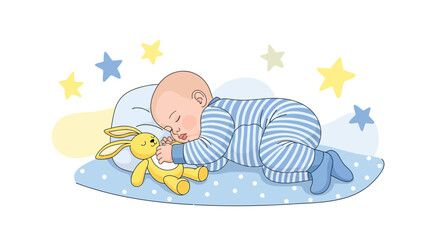 Baby Asleep With A Toy, Resting Peacefully During The Night, Colorful Illustration