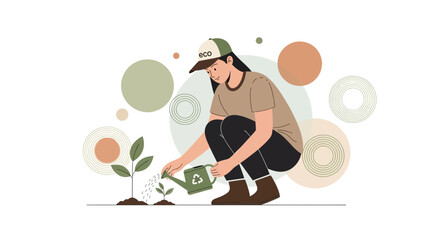 Fototapeta premium Cultivating Green Growth: A Woman Nurturing Plants With Her Watering Can and Eco-Friendly Approach