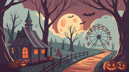 Dark Halloween Night with Moonlit Castle and Scary Trees