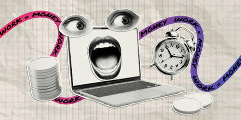 Trendy paper cutout collage elements. Halftone style stickers with doodles. Modern collage template. Time to work, time is money.