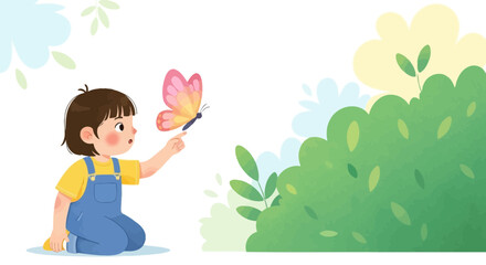 Child's Gentle Encounter With A Vividly Colored Butterfly In A Garden Setting