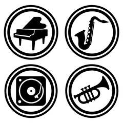 Music instrument and audio equipment icons in bold black silhouette style, Transparent Background