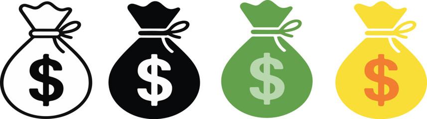Bag with money. Set of dollar bag illustrations. Minimalist Money Bag Icon Vector. Bag with dollar sign. dollar money bag Icon isolated on white. Money Bag Clipart, Money bag icon.