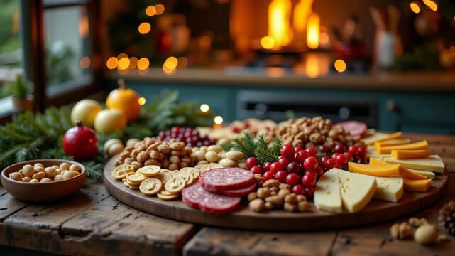 Festive cheese platter with assorted nuts, sliced sausage, crackers, cranberries, and fruit on rustic wooden table in cozy kitchen, warm lighting, inviting holiday atmosphere, perfect for celebrations