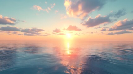 Fototapeta premium Serene sunset over calm ocean waters with soft clouds reflecting warm colors in the sky