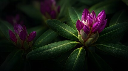 Artistic Portrayal of Nearly Blooming Rhododendron Flora with Prominent Dark Vivid Green Leaves in a Mysterious Natural Setting