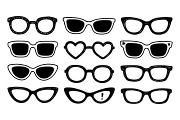 Vintage eyeglasses set with round, aviator, square, and cat eye frames, Transparent Background