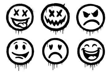 Distressed graffiti smiley faces with dripping paint in expressive emotions, Transparent Background