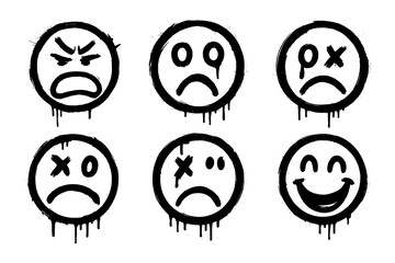 Distressed graffiti smiley faces with dripping paint in expressive emotions, Transparent Background