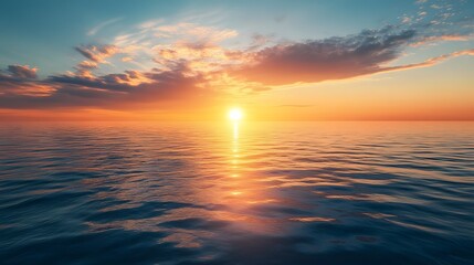 Obraz premium Serene sunset over calm ocean waters, with vibrant colors reflecting on the surface, peaceful atmosphere