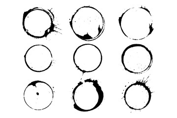 Grunge circle stains and coffee ring textures in bold ink style, Transparent Background