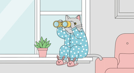 Curious Cat Observes: Whimsical Illustration Of A Feline With Binoculars, Window Scene
