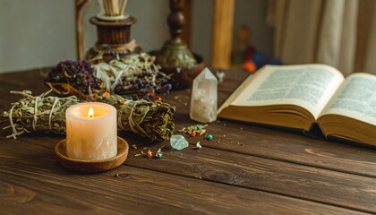 Mystic altar with candle, herbs, crystals, and book