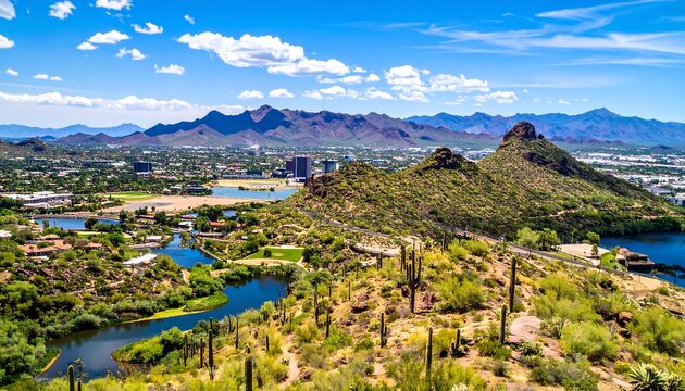 Panoramic view of a desert city nestled below a mountain range