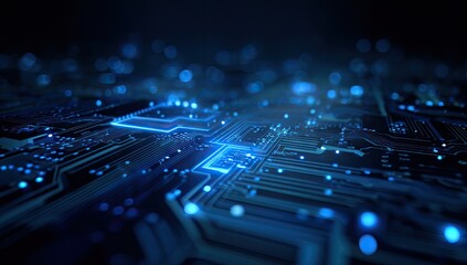 Advanced Electronic Circuit Board with Luminous Blue Processor.