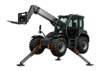 All-terrain telehandler with outriggers and a rotating cab for lifting operations on uneven ground.