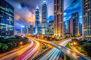 Night cityscape illuminated skyscrapers and highway traffic streaks Urban