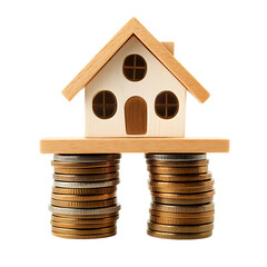 Miniature wooden house balanced on stacks of golden coins, Concept of real estate investment, mortgage finance, home value, and financial stability
 isolated on transparent  background (PNG)