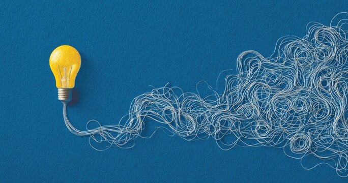 Bright idea lightbulb untangling a complex chaotic mess of wires.