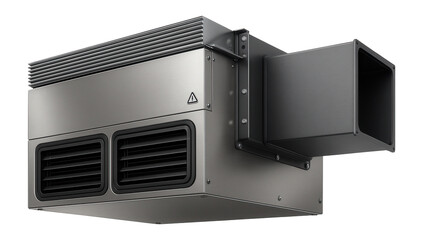 Fototapeta premium Ceiling-mounted industrial air conditioner with a large rectangular duct for a manufacturing facility.