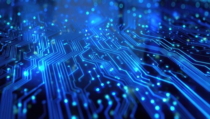 Futuristic blue circuit board with glowing electronic pathways and data nodes.