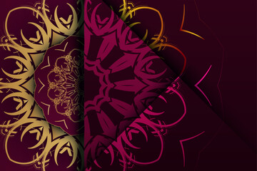 Golden ornate crown mandala with swirling floral loops on elegant maroon decorative art