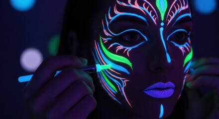 Woman applying neon face paint in the dark for a vibrant party look