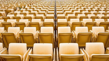 Symmetrical yellow stadium seats from above, a serene geometric pattern of empty spaces