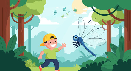 Naklejka premium Child Chasing Dragonflies For Fun, Nature Scene, Green Forest And Happy Memories