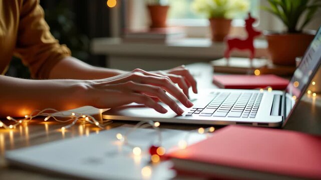 Typing hand laptop cozy workspace with warm lighting, festive holiday decor, red notebook, and indoor plant, creating creative atmosphere for productivity during winter season with blurred background