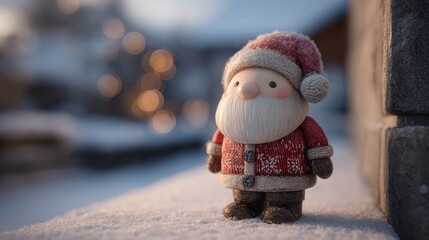 A small red and white santa standing in the snow