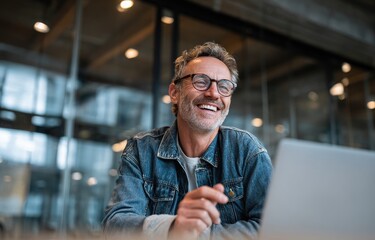 Happy middle aged man laughing while working on laptop computer.