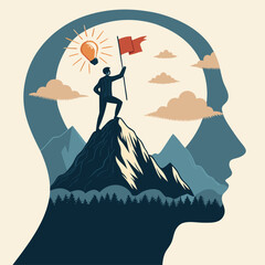 Mindset for success, A man with a flag on a mountain peak inside a human head, Vector illustration - Generative AI
